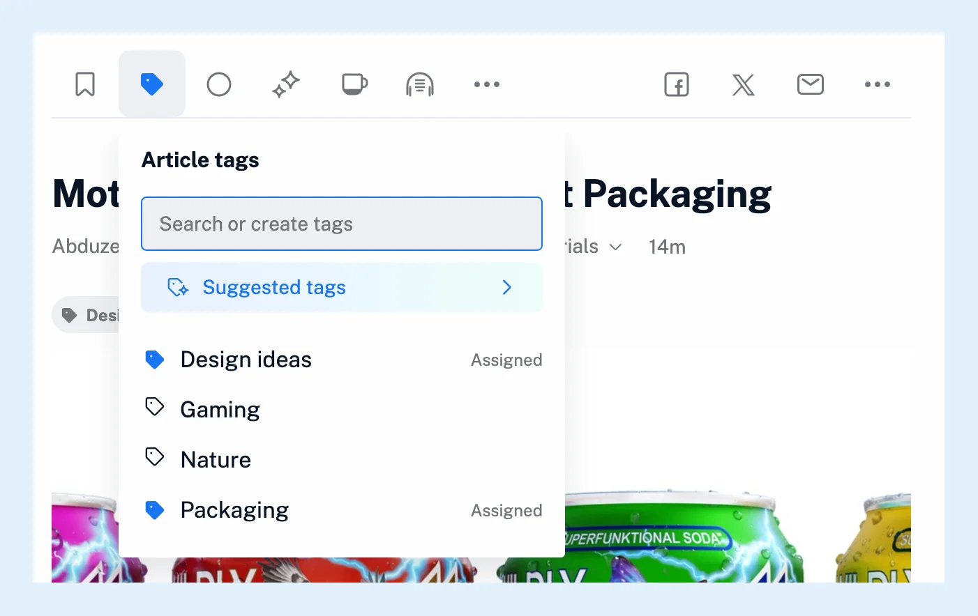 O menu Etiquetas do artigo aberto abaixo de um artigo no Inoreader, com duas das quatro etiquetas marcadas como Atribuídas