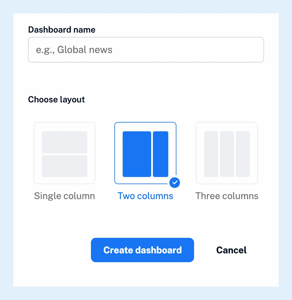 A caixa de diálogo Criar painel com o campo Nome do painel e os layouts Uma coluna, Duas colunas e Três colunas.