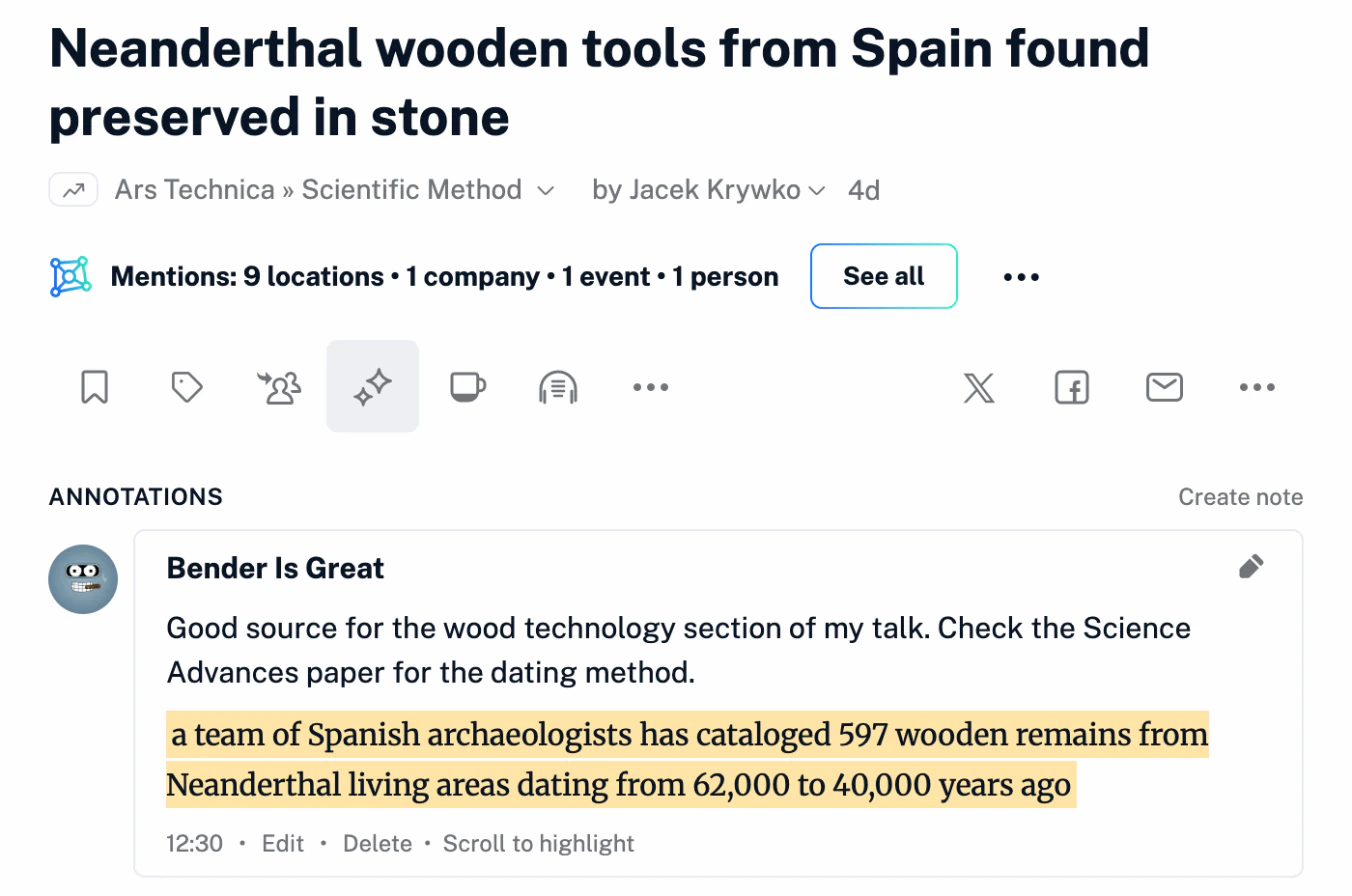 An article in Inoreader with a highlighted passage and a note about it in the Annotations panel