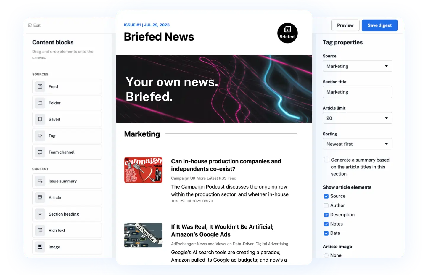 The email digest editor in Inoreader, with content blocks on the left and the digest layout on the canvas