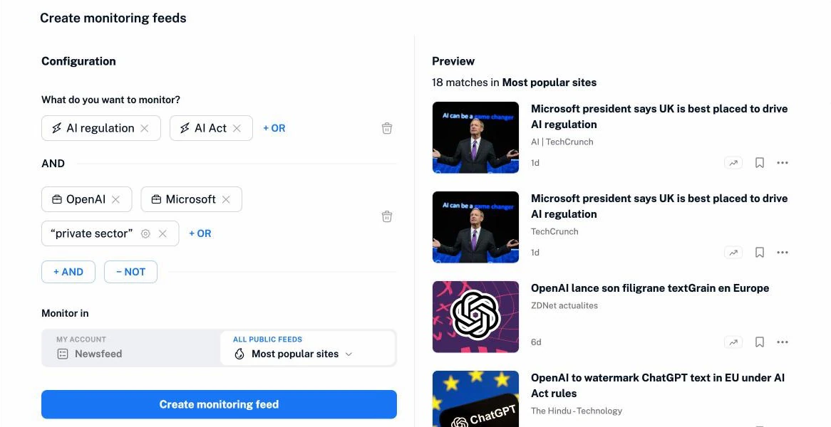 Creating a monitoring feed in Inoreader with mentions of AI regulation, the AI Act, OpenAI and Microsoft, a keyword, and a preview of matching articles from popular sites