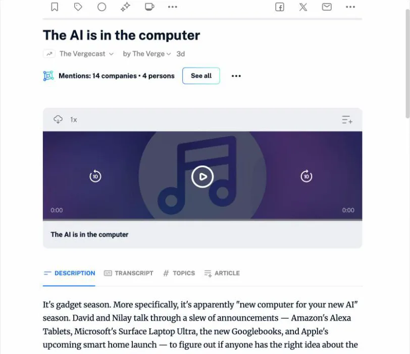 A podcast episode in Inoreader with the audio player and the Transcript, Topics and Article tabs