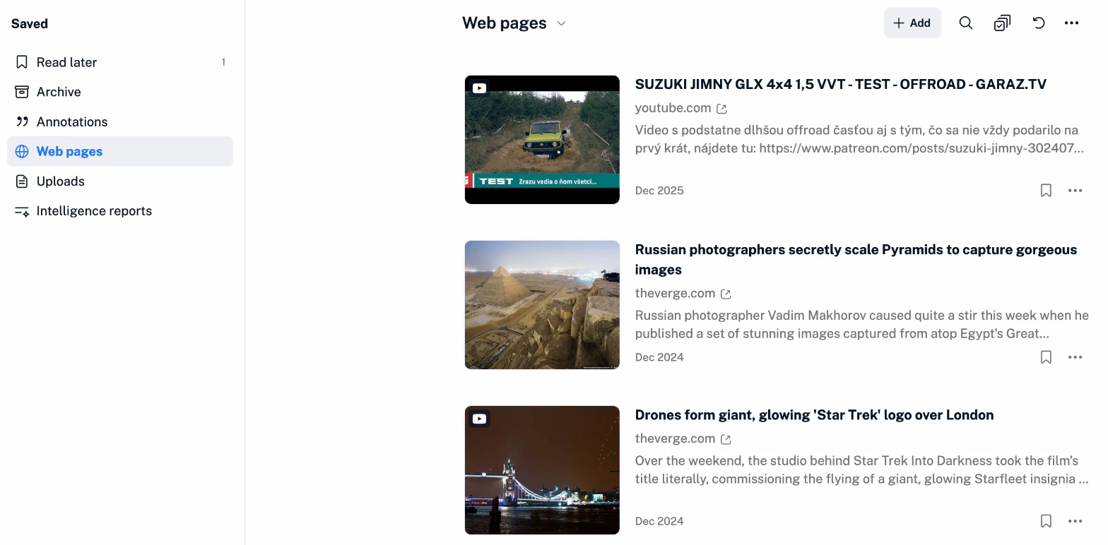The Saved section in Inoreader with Read later, Archive, Annotations and Web pages, and a list of saved web pages