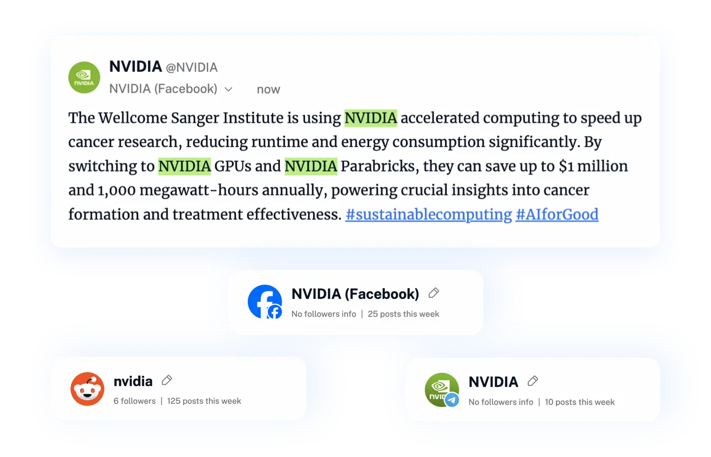 A Facebook post in Inoreader with the followed name highlighted, above the Facebook, Reddit and Telegram feeds it came from