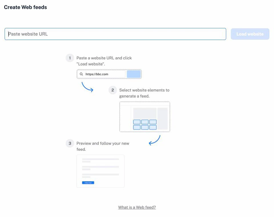 Creating a web feed in Inoreader: paste a website address, select the elements, preview and follow