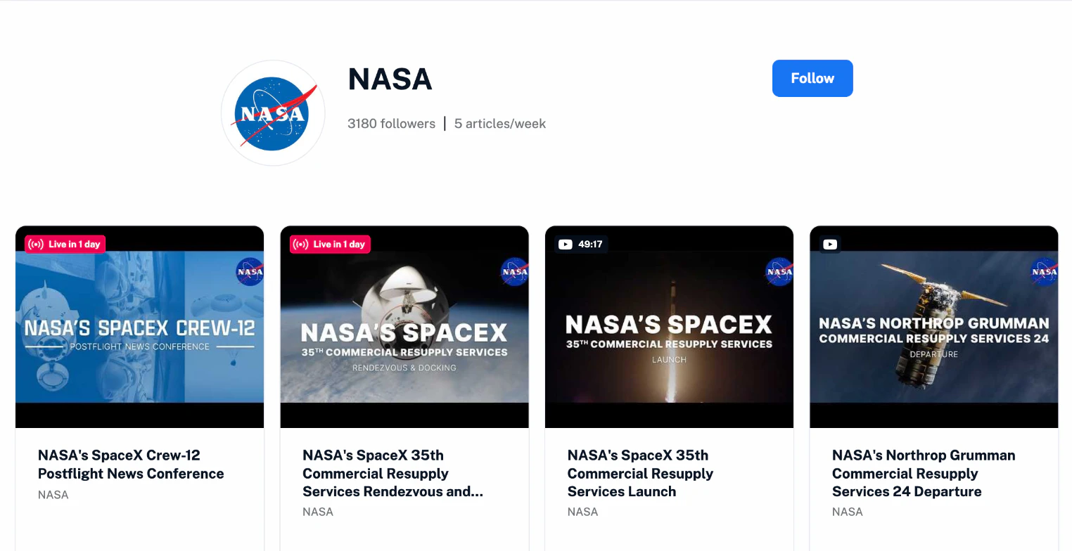 A YouTube channel in Inoreader in card view, with its latest videos in upload order and the Follow button